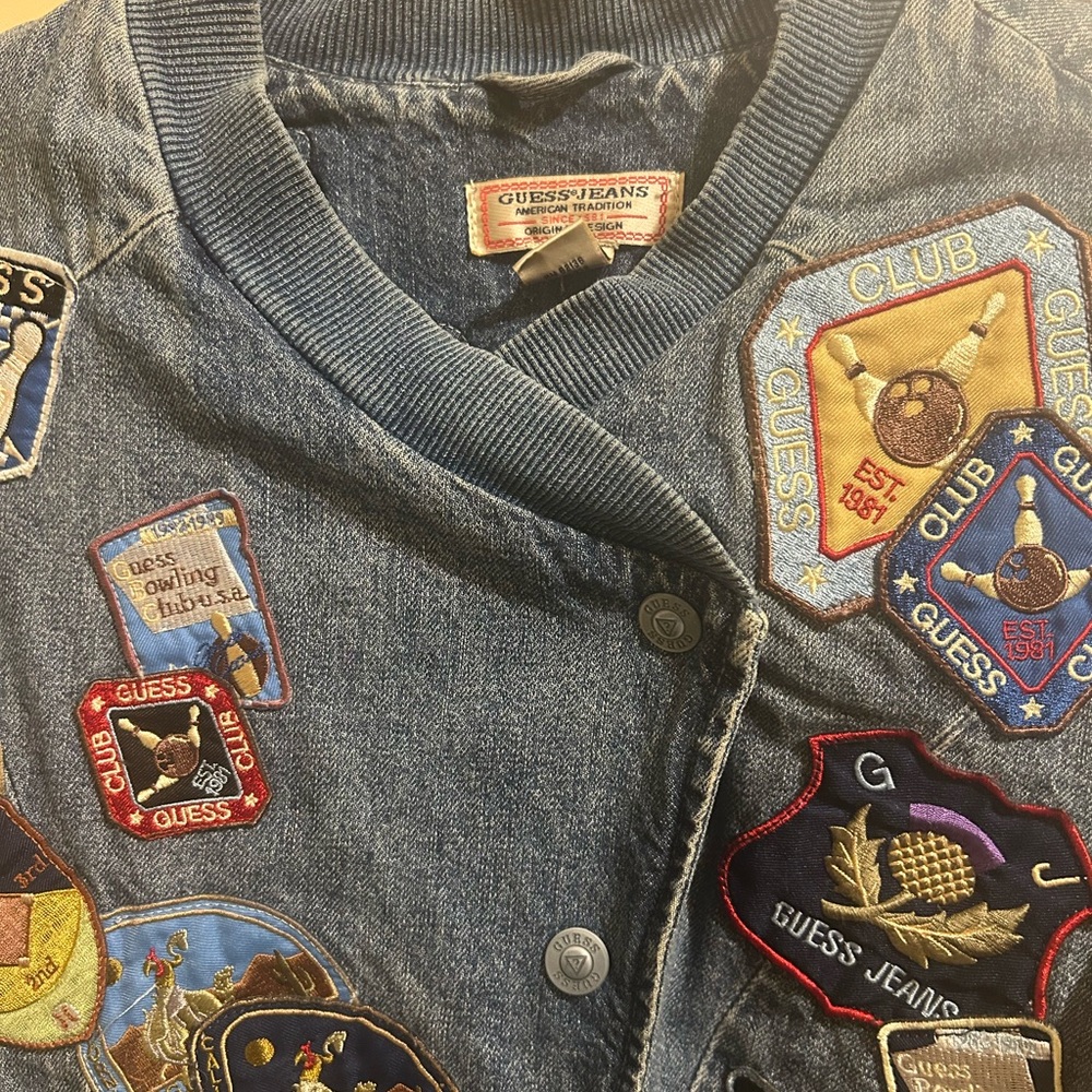 Vintage GUESS Blue Denim Patchwork Jacket S Asymmetrical Bomber - Picture 11 of 12